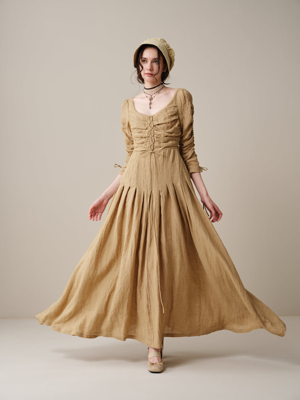 Emma 11 | Lace-Up Ruched Linen Maxi Dress