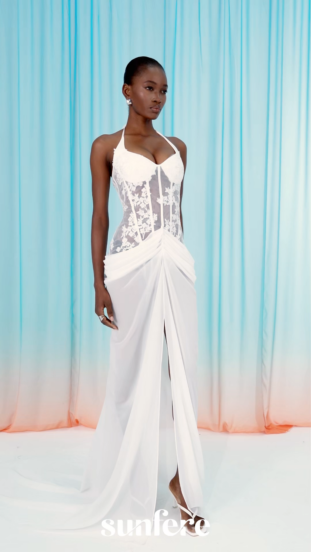 Sultry Persona White Lace Corset High Slit Maxi Dress