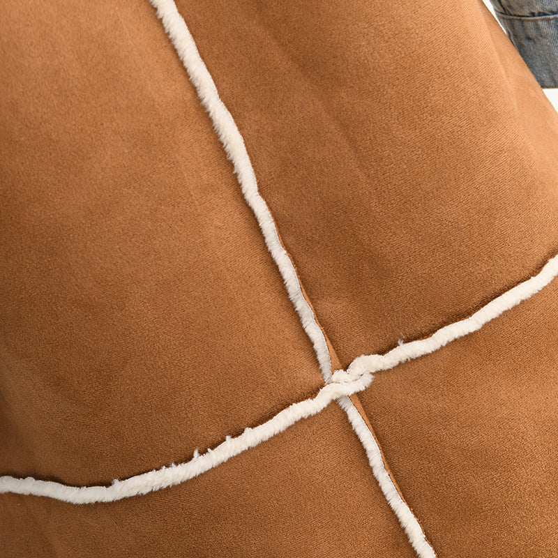 New fleece denim stitching winter lamb wool coat