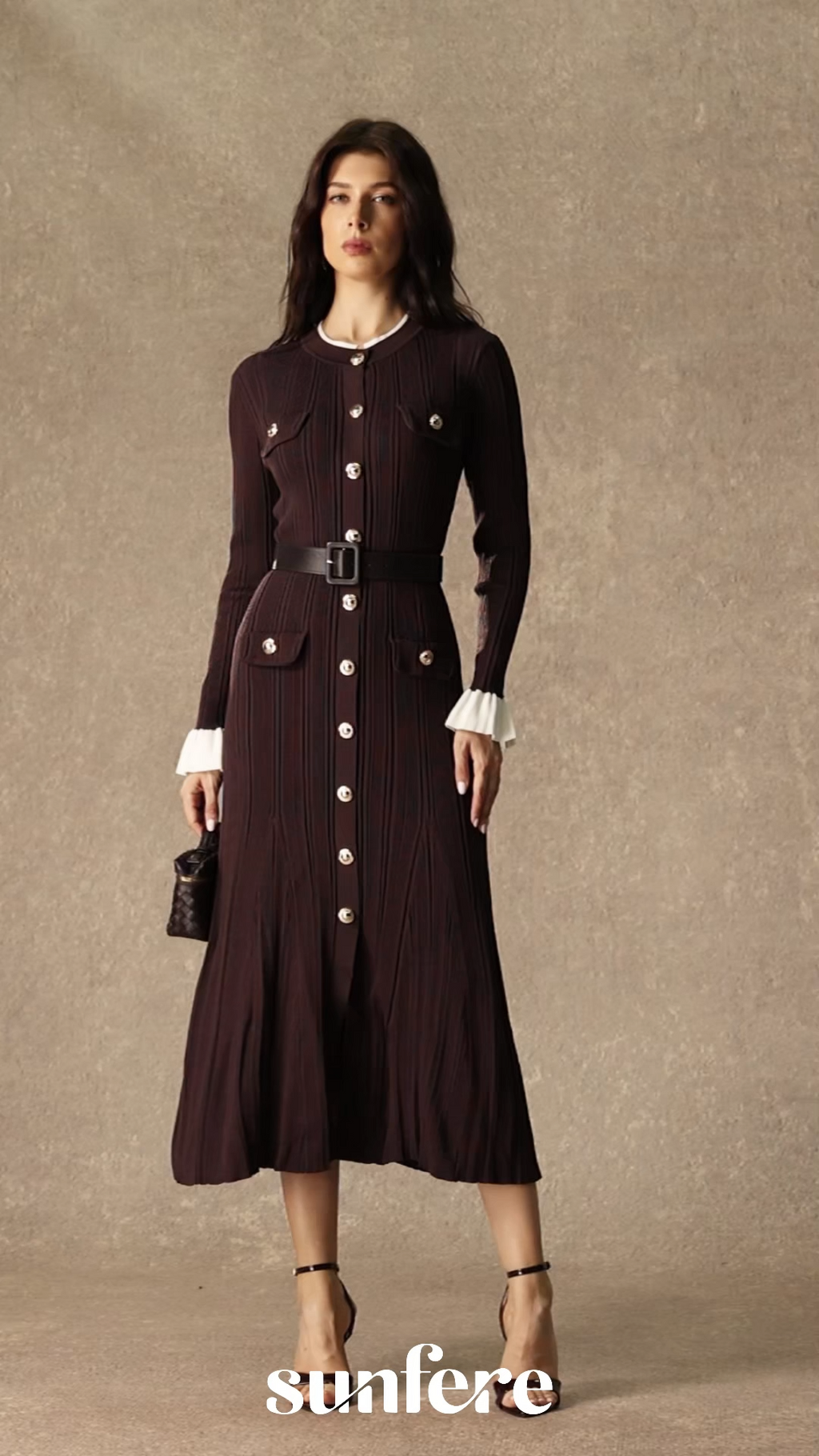 Autumn Luxe Brown Contrast Trim Ruffle Midi Dress