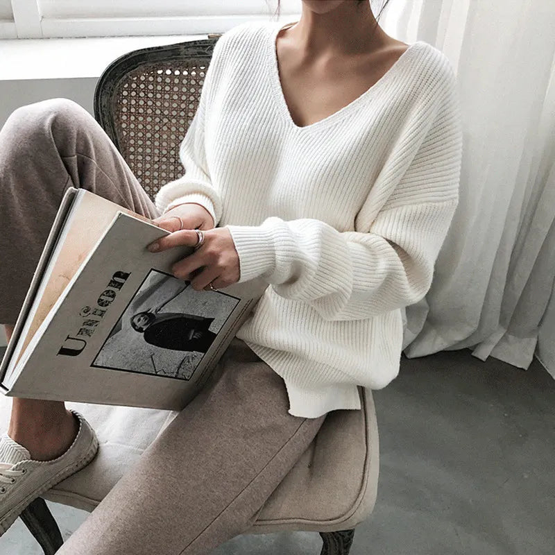 V-Neck Simple Irregular Pullover Sweater