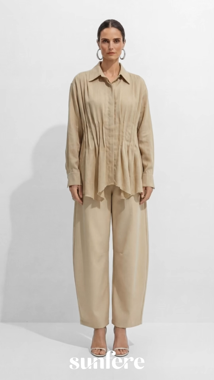 Relaxed Day Khaki Waist Pleat Asymmetrical Hem Shirt