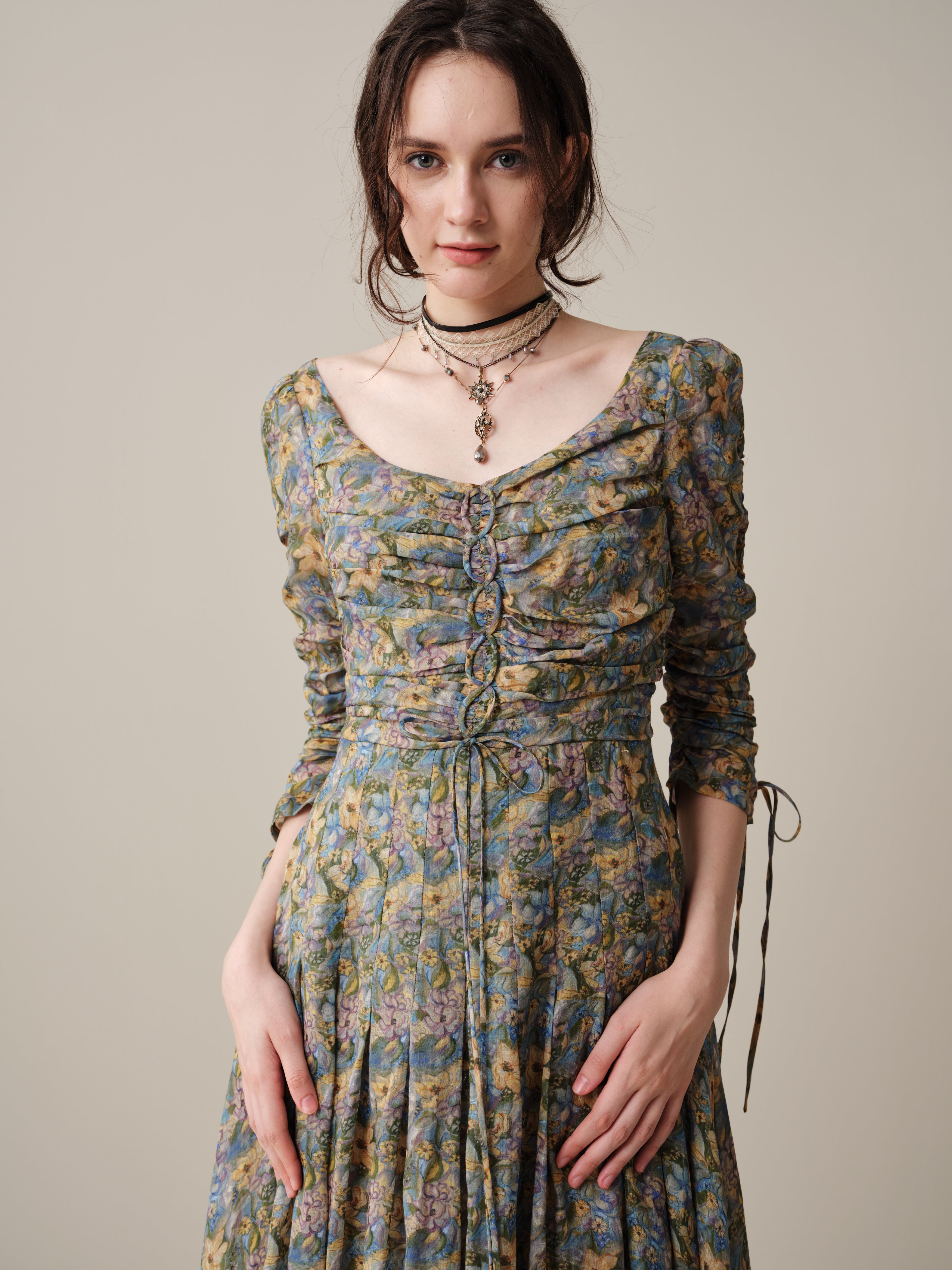 Emma 11 | Lace-Up Ruched Linen Maxi Dress