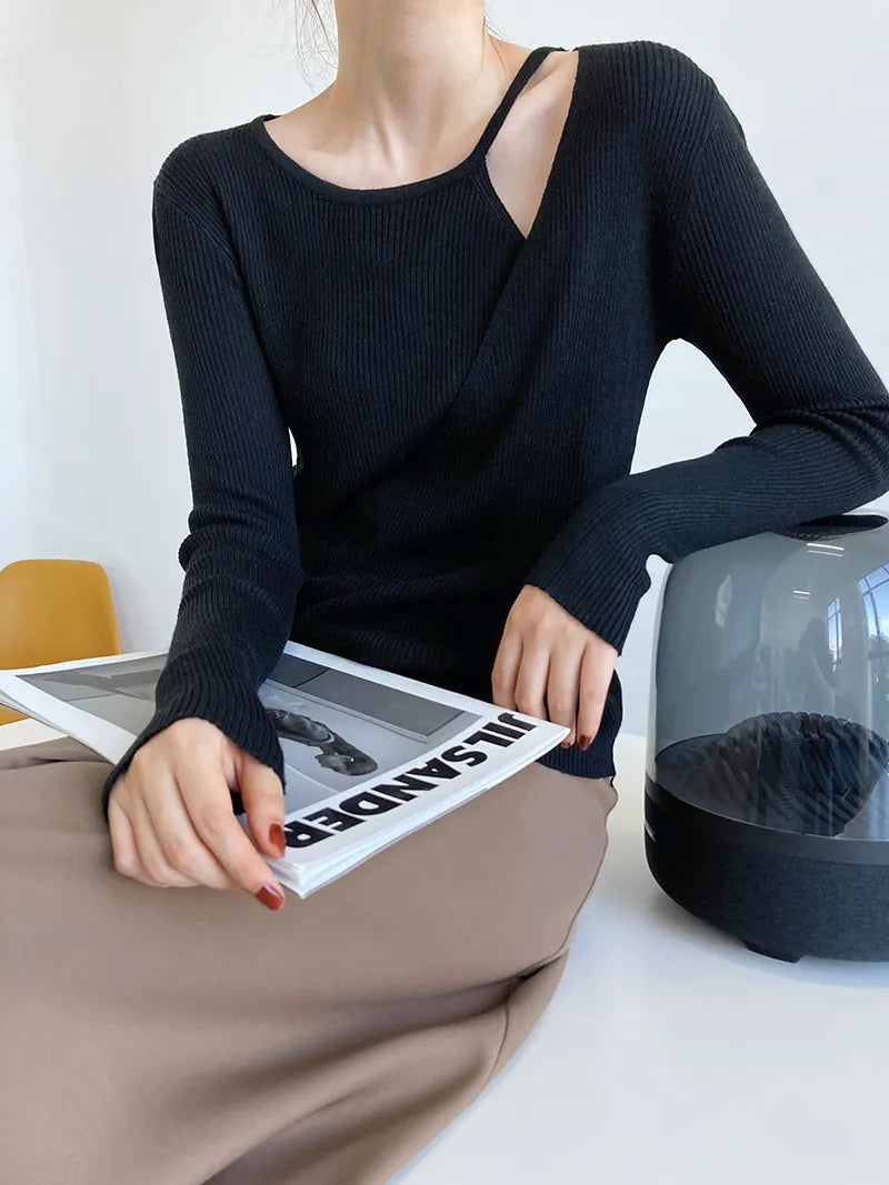 Two False Hollow Out Shoulder Sweater Female Design Sense Hanging Neck Top