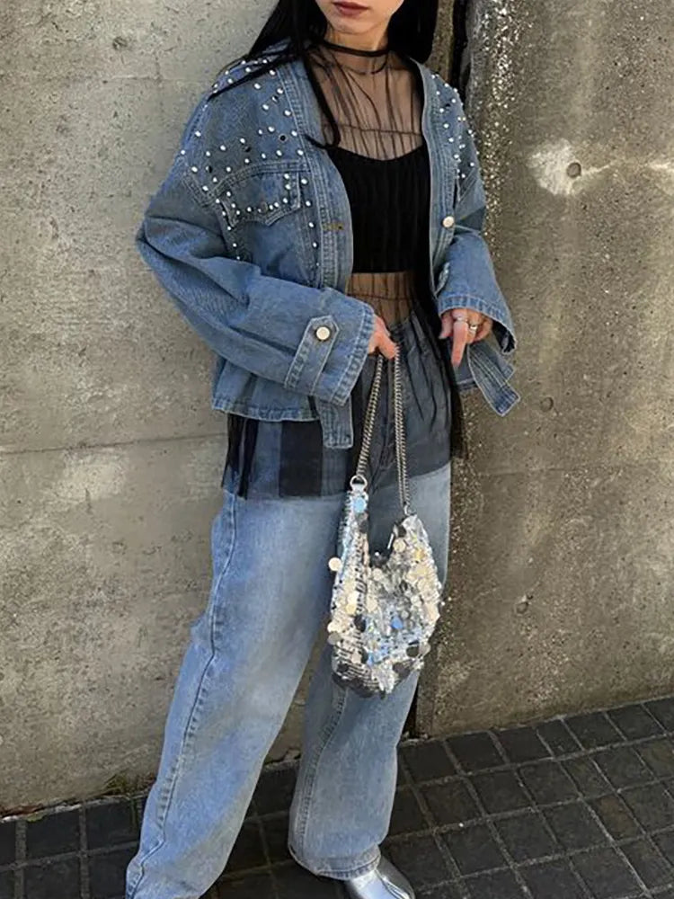 Studded Beaded Short Denim Jacket