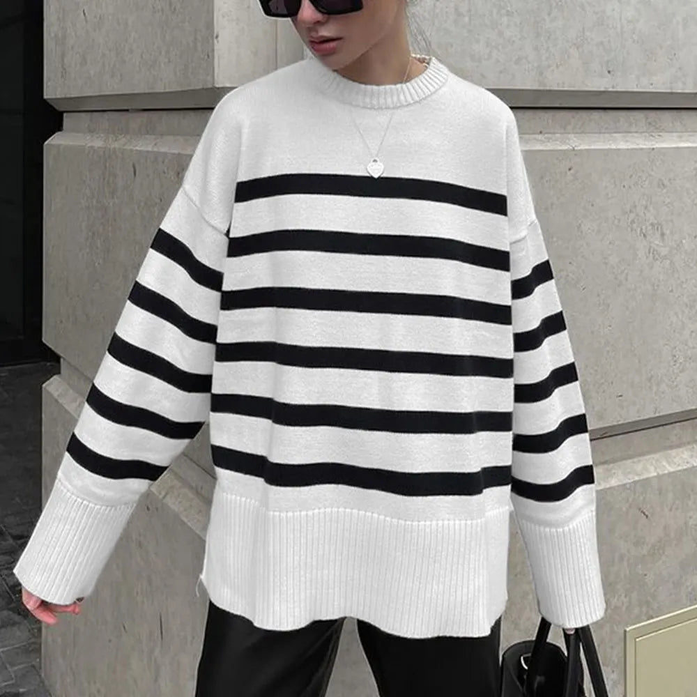 Black and White Striped Loose Sweater