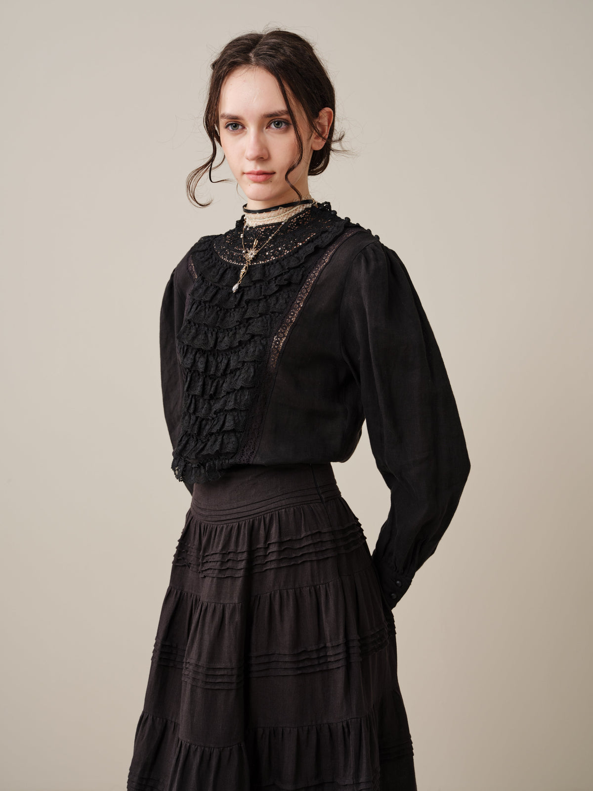 Stella 06 | Ruffled High-Neck Linen Blouse