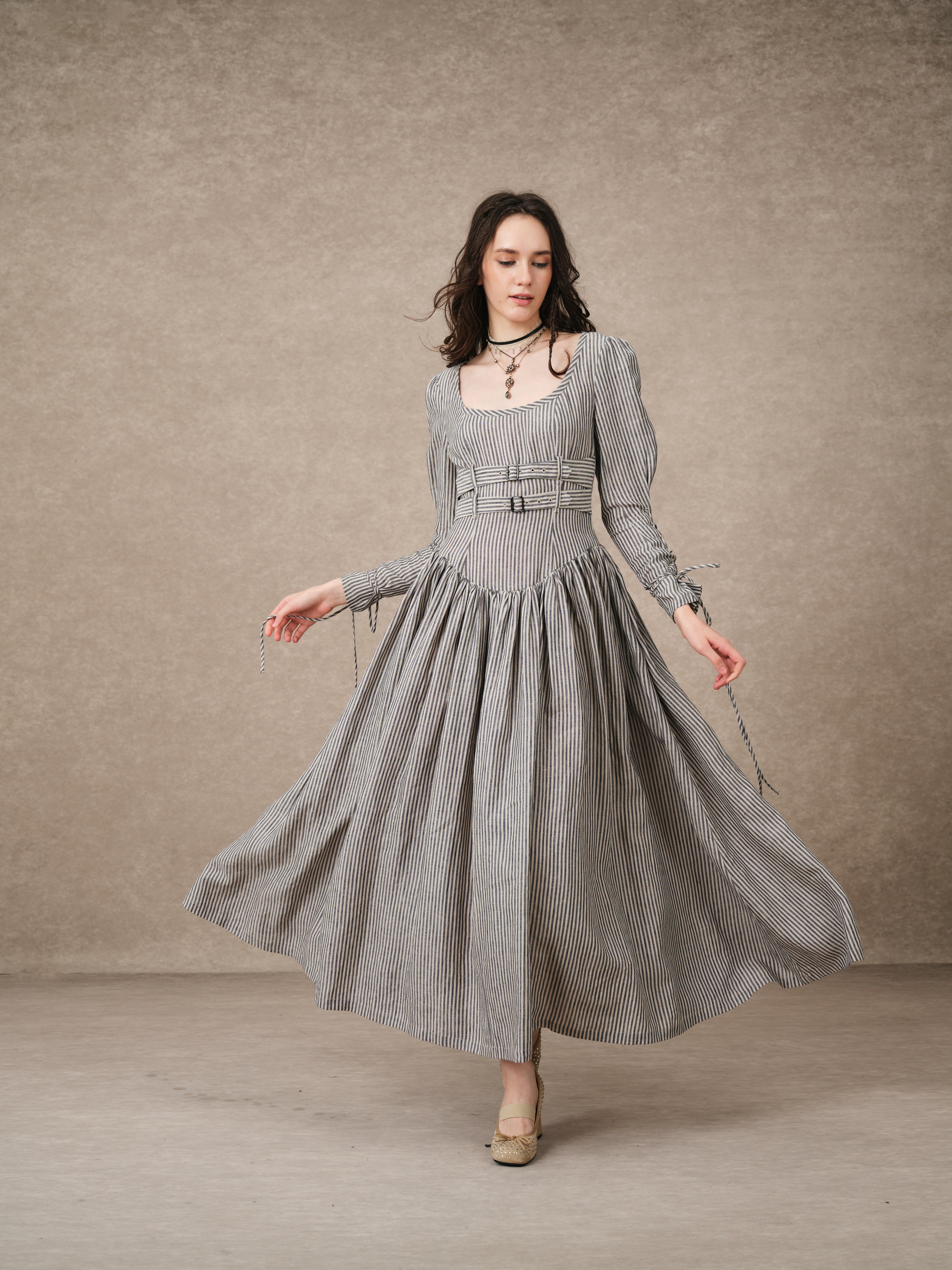 Clara 08 | Buckled Corset Striped Linen Dress