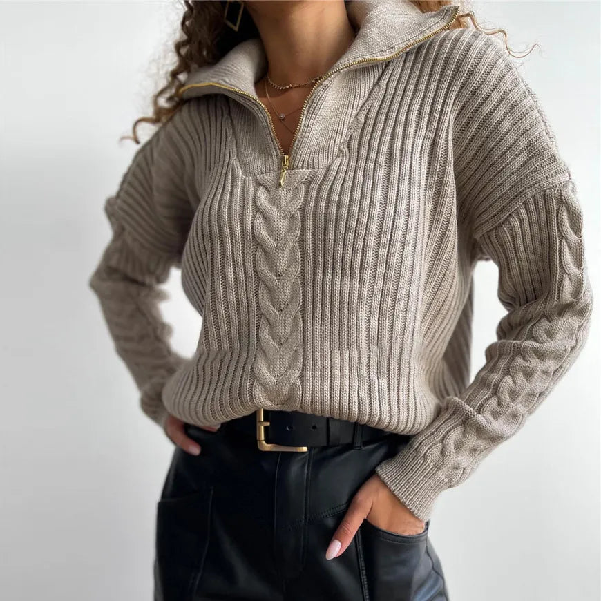 Polo Neck Twist Sweater Loose Casual Zipper Sweater