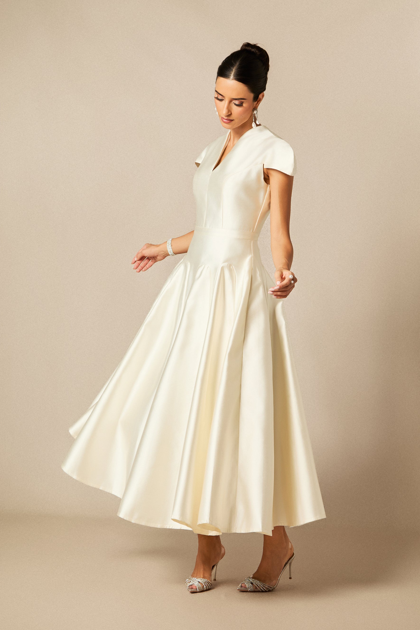 Tiana Cap Sleeve V-Neck Satin Midi Dress