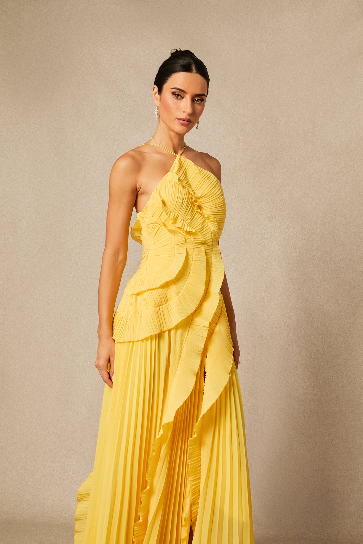 Nina Asymmetry Pleated Halterneck Midi Dress