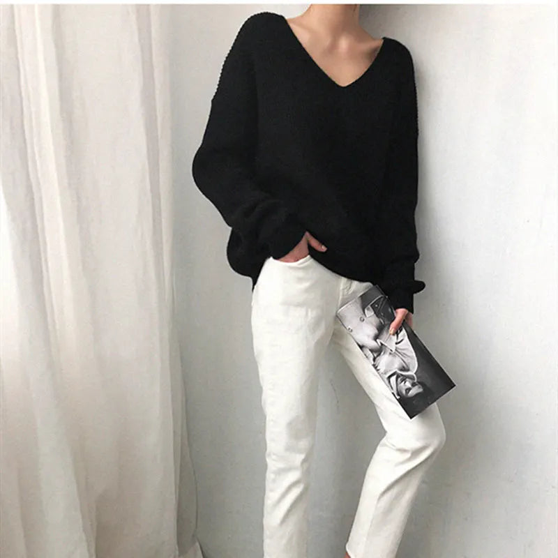 V-Neck Simple Irregular Pullover Sweater