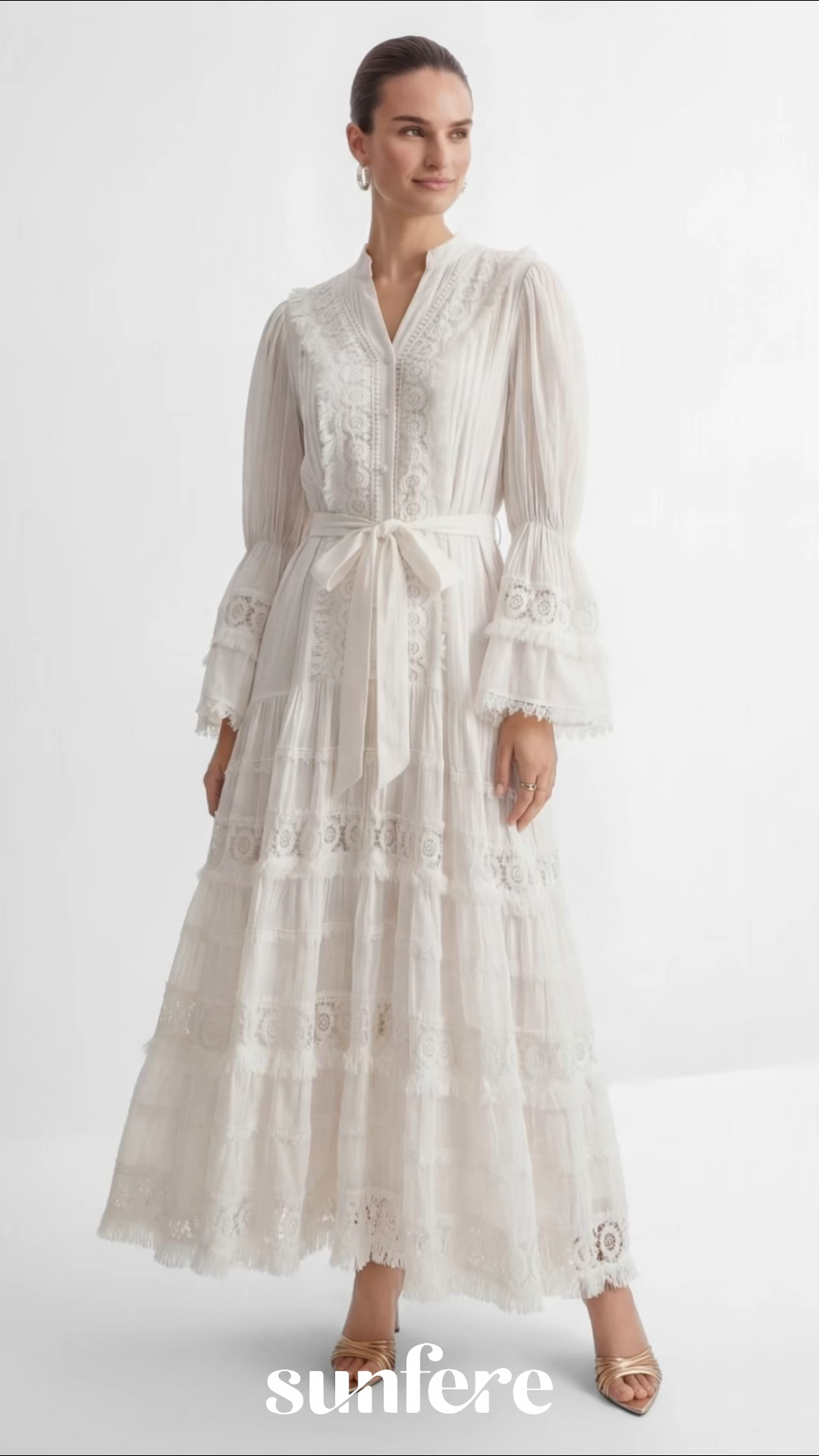 Graceful Darling White Floral Lace Bell Sleeve Maxi Dress