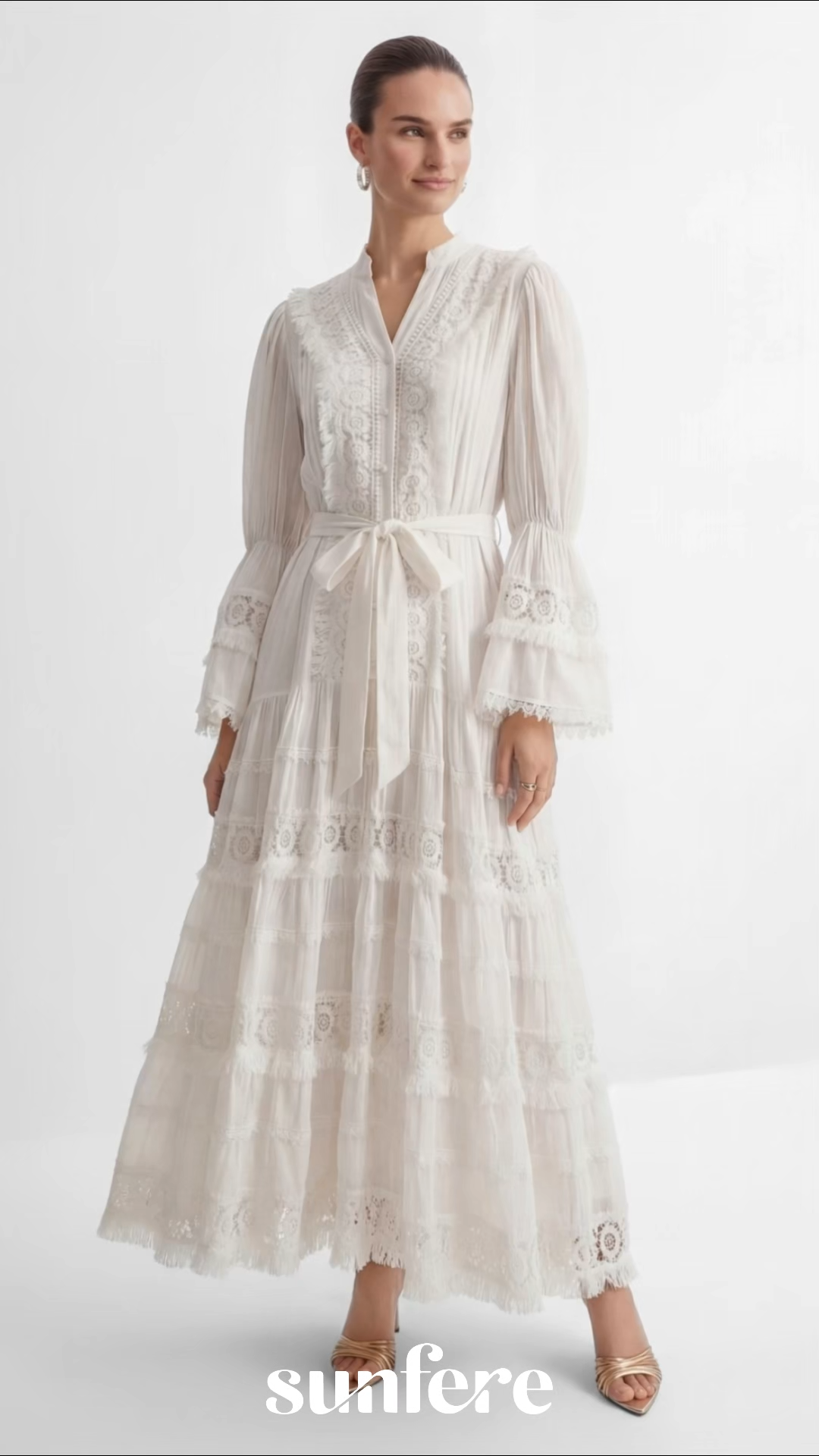 Graceful Darling White Floral Lace Bell Sleeve Maxi Dress