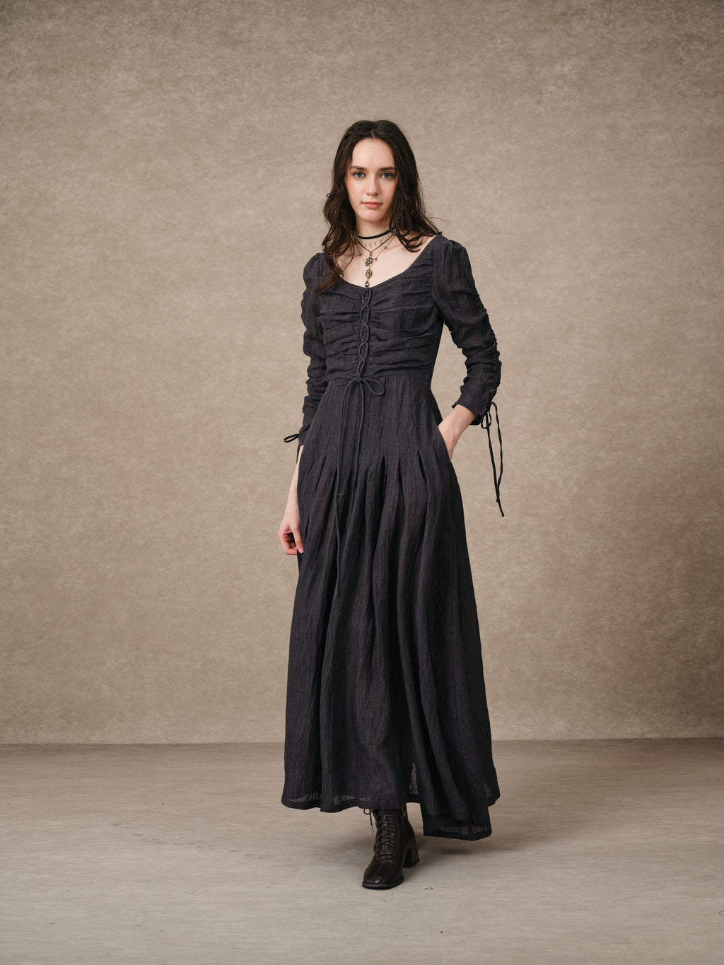 Emma 11 | Lace-Up Ruched Linen Maxi Dress