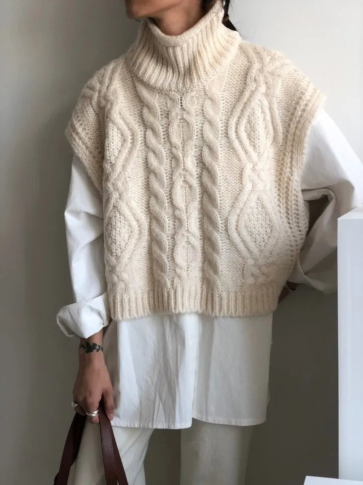 Vintage turtleneck hemp pattern loose knit sweater vest
