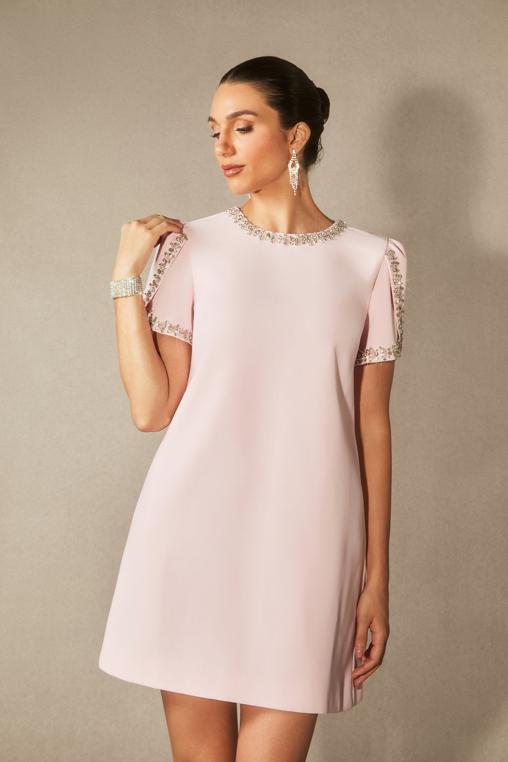 Isabelle Crystal Embellished Short Sleeve Mini Dress