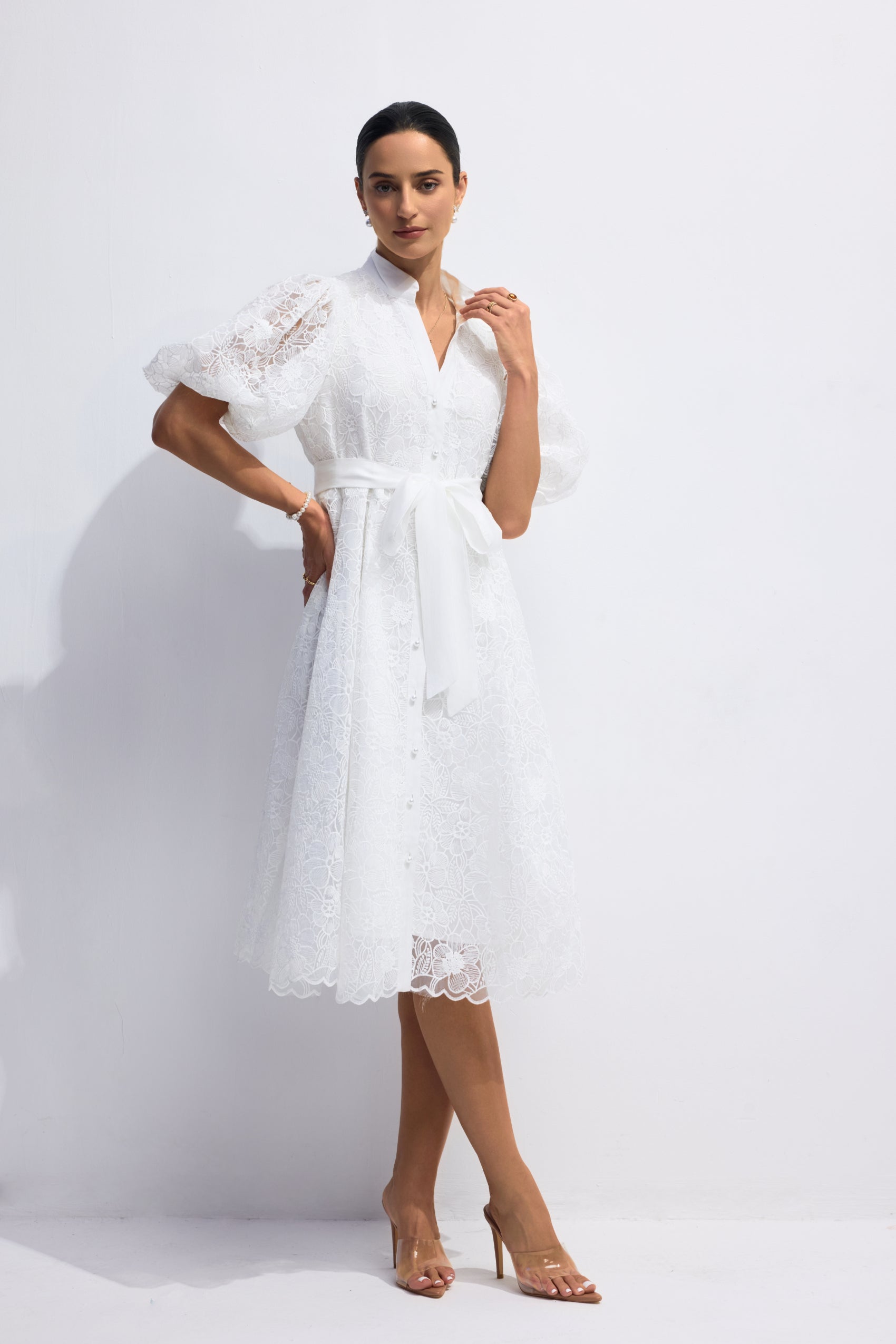 Bertha Floral Embroidered Lace Belted Mini Dress