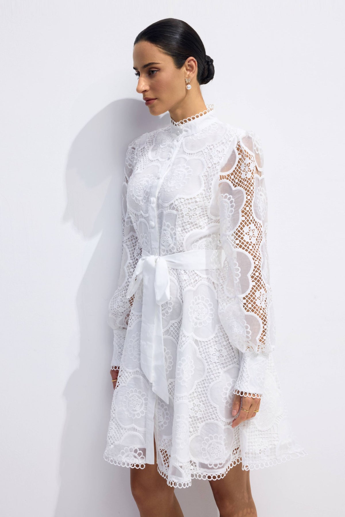 Helena Floral Lace Lantern Sleeve Mini Dress
