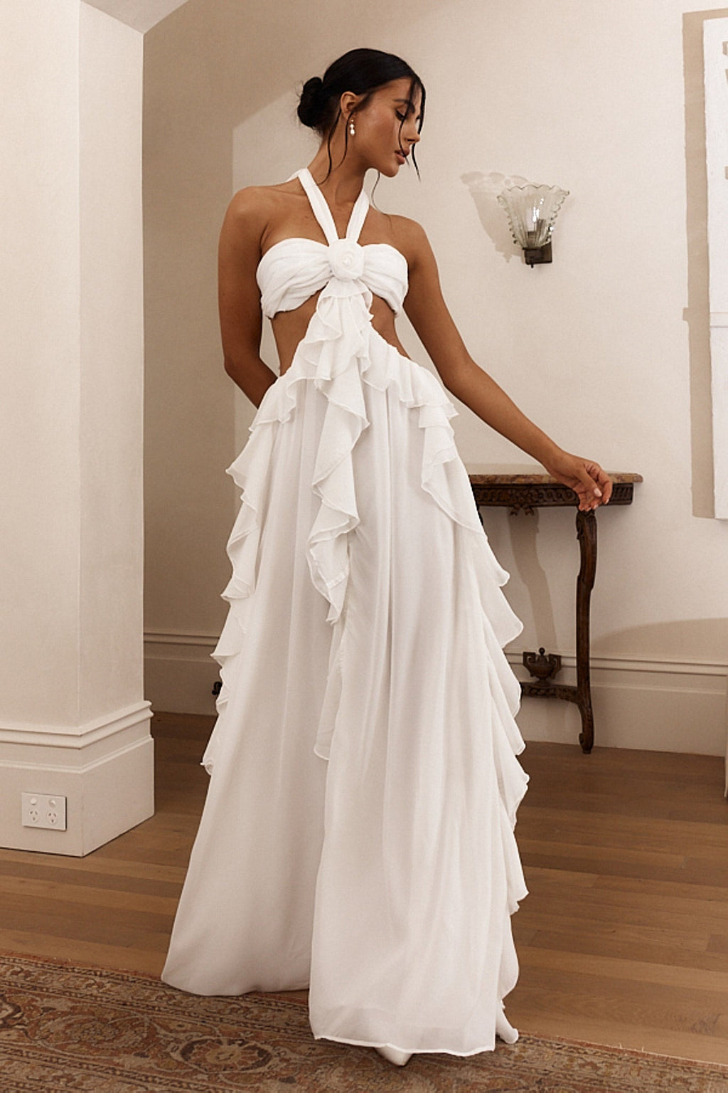 Maggie Halter Cut-Out Ruffle Maxi Dress