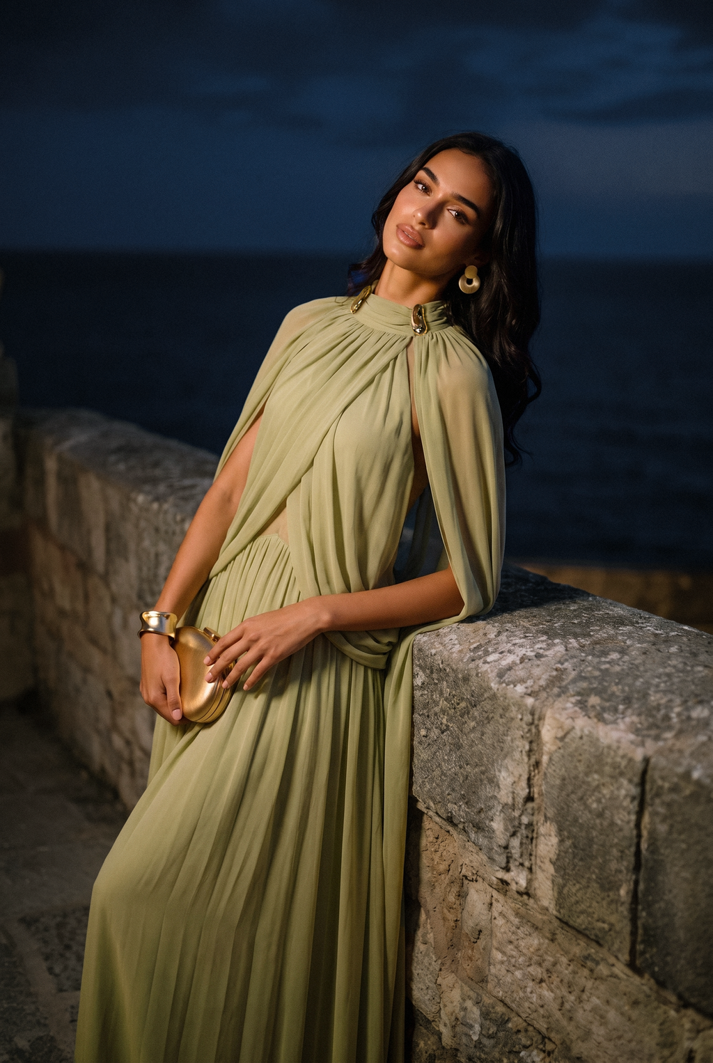 Twilight Whispers Green Draped Cape Sleeve Knit Maxi Dress
