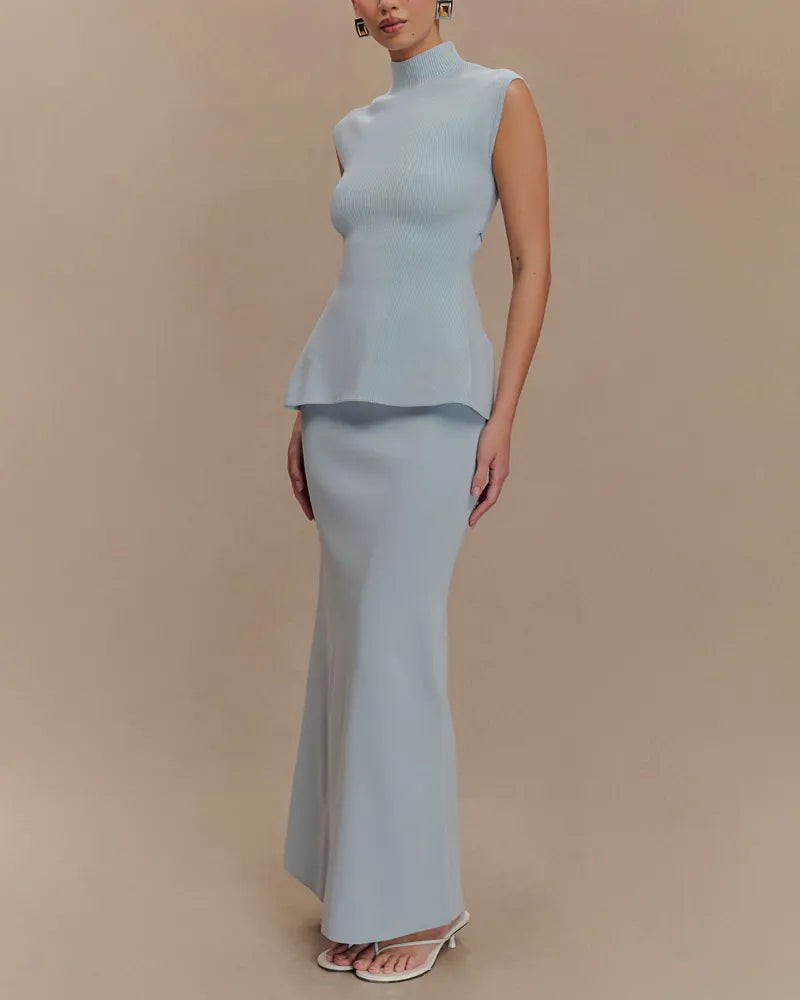 Elegant Backless Knit Vest & Skirt Two-Piece Set