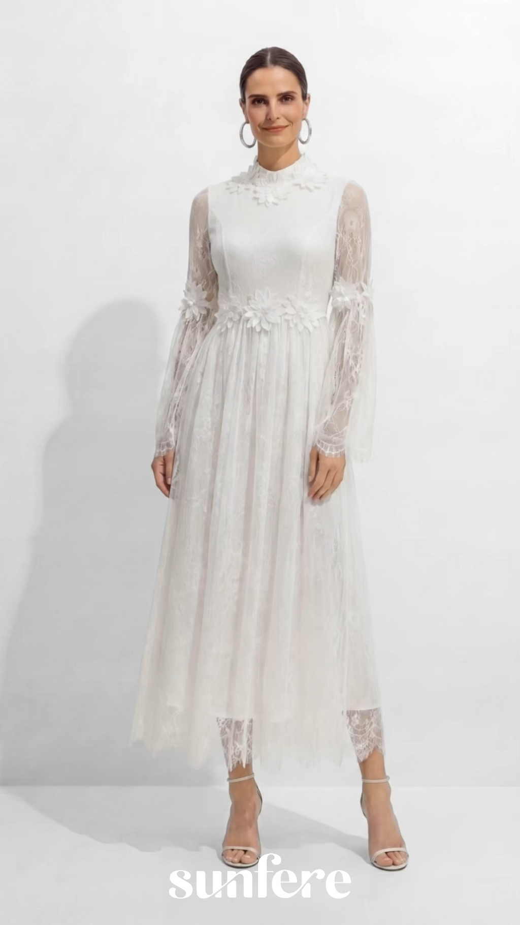 Bright Beauty White Floral Applique Sheer Lace Maxi Dress