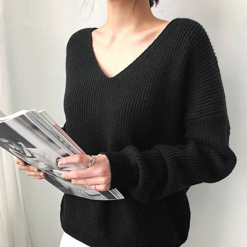 V-Neck Simple Irregular Pullover Sweater