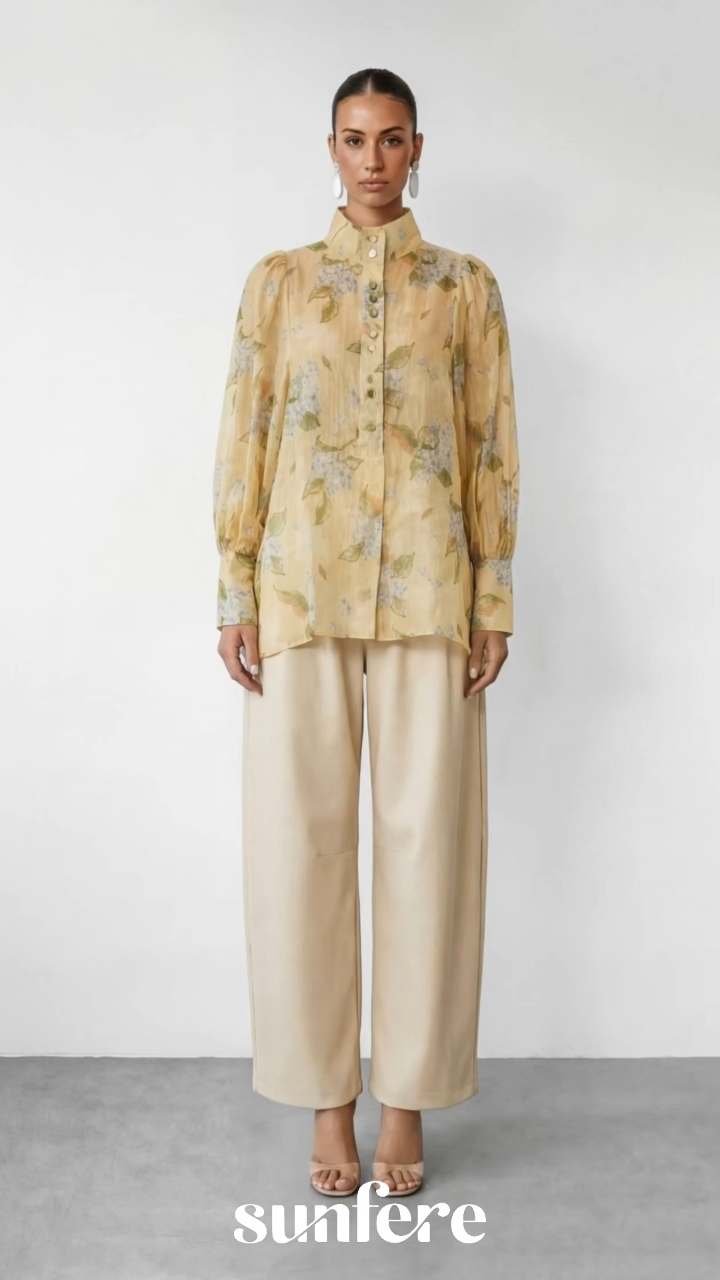 Garden Story Beige Floral Print High Neck Blouse