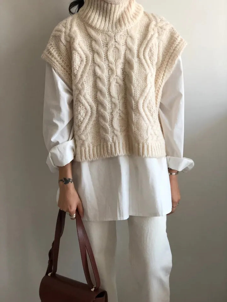 Vintage turtleneck hemp pattern loose knit sweater vest