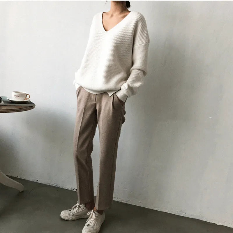 V-Neck Simple Irregular Pullover Sweater