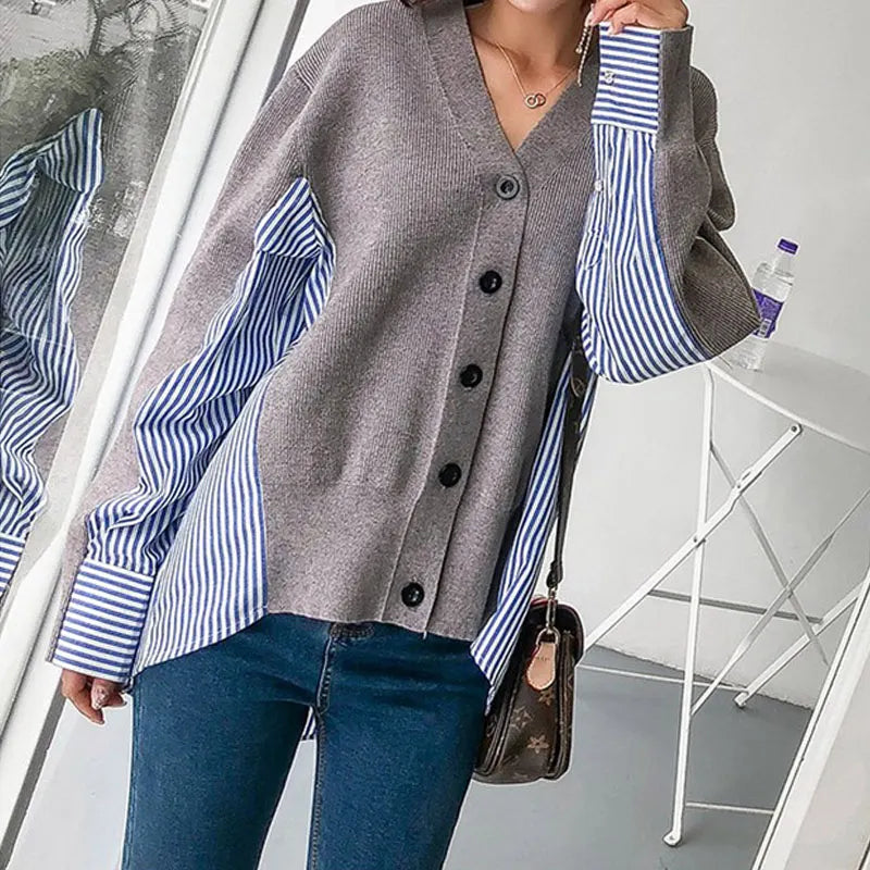 V-neck loose fake two-piece knitted cardigan