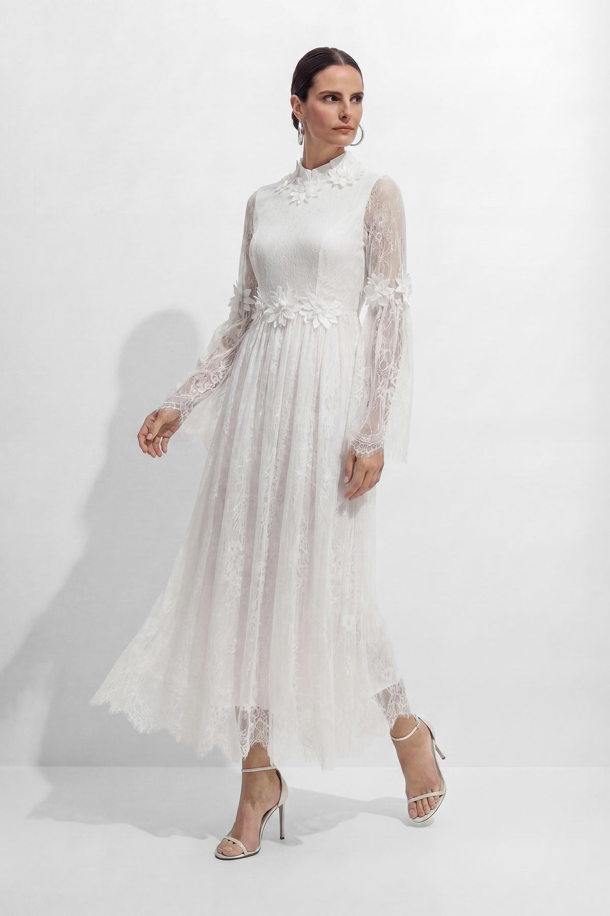 Bright Beauty White Floral Applique Sheer Lace Maxi Dress