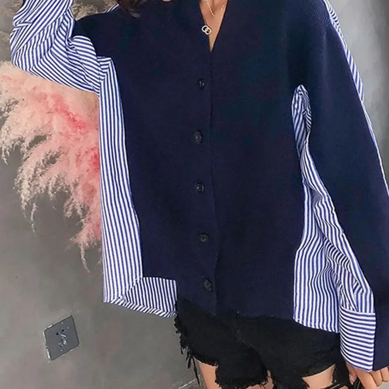 V-neck loose fake two-piece knitted cardigan