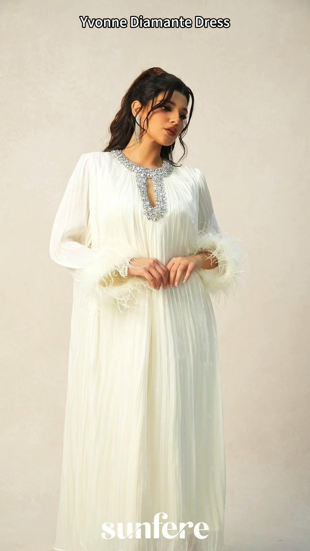 Yvonne Diamante Feathered Pleated Maxi Chiffon Dress