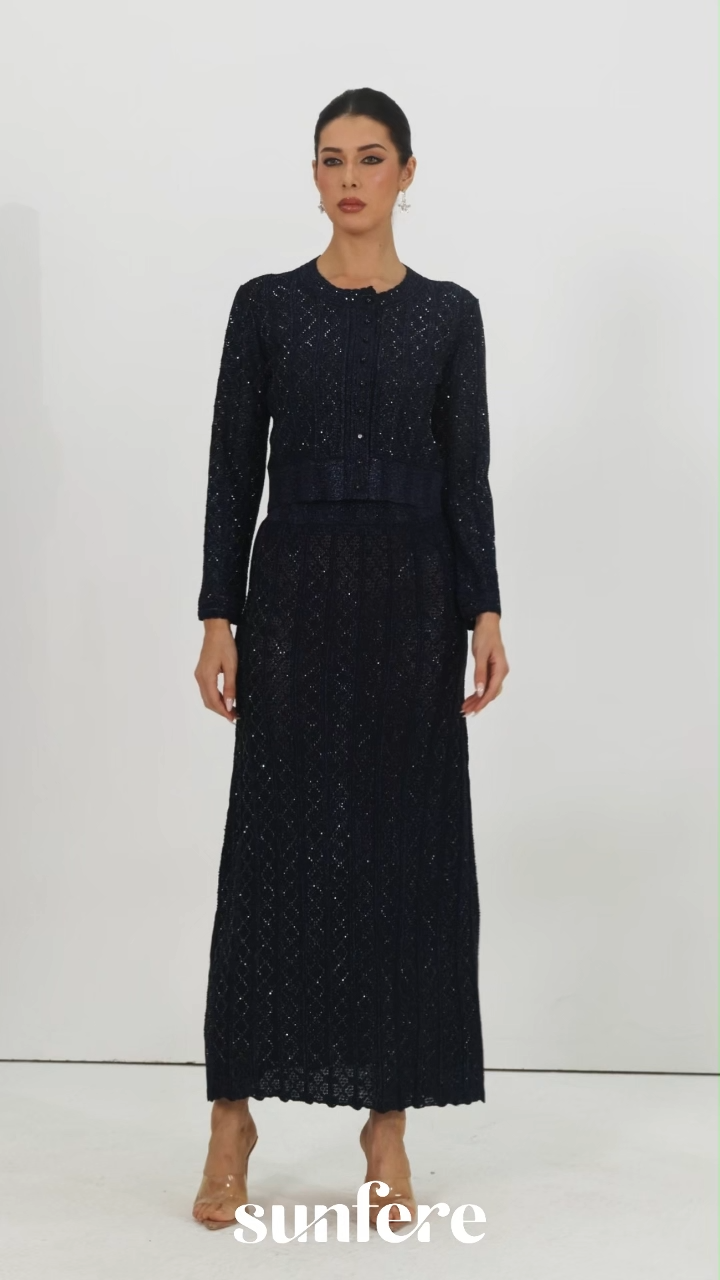 Radiant Personality Blue Diamond Knit Cardigan & Skirt Set
