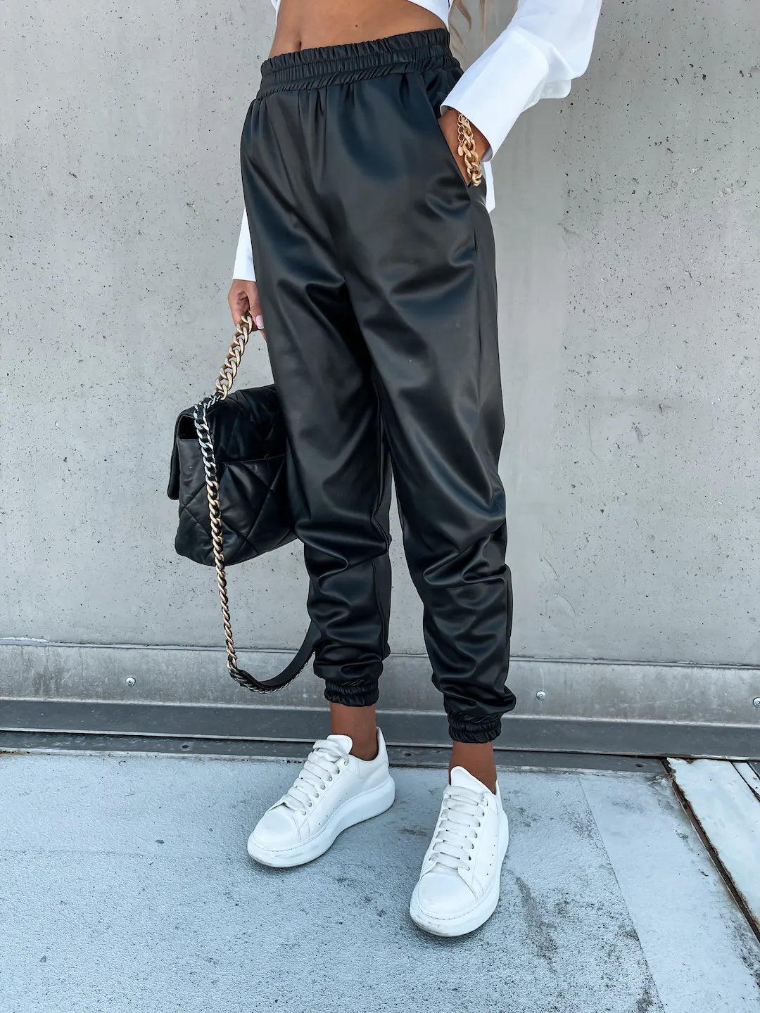 Casual pocket long PU leather pants