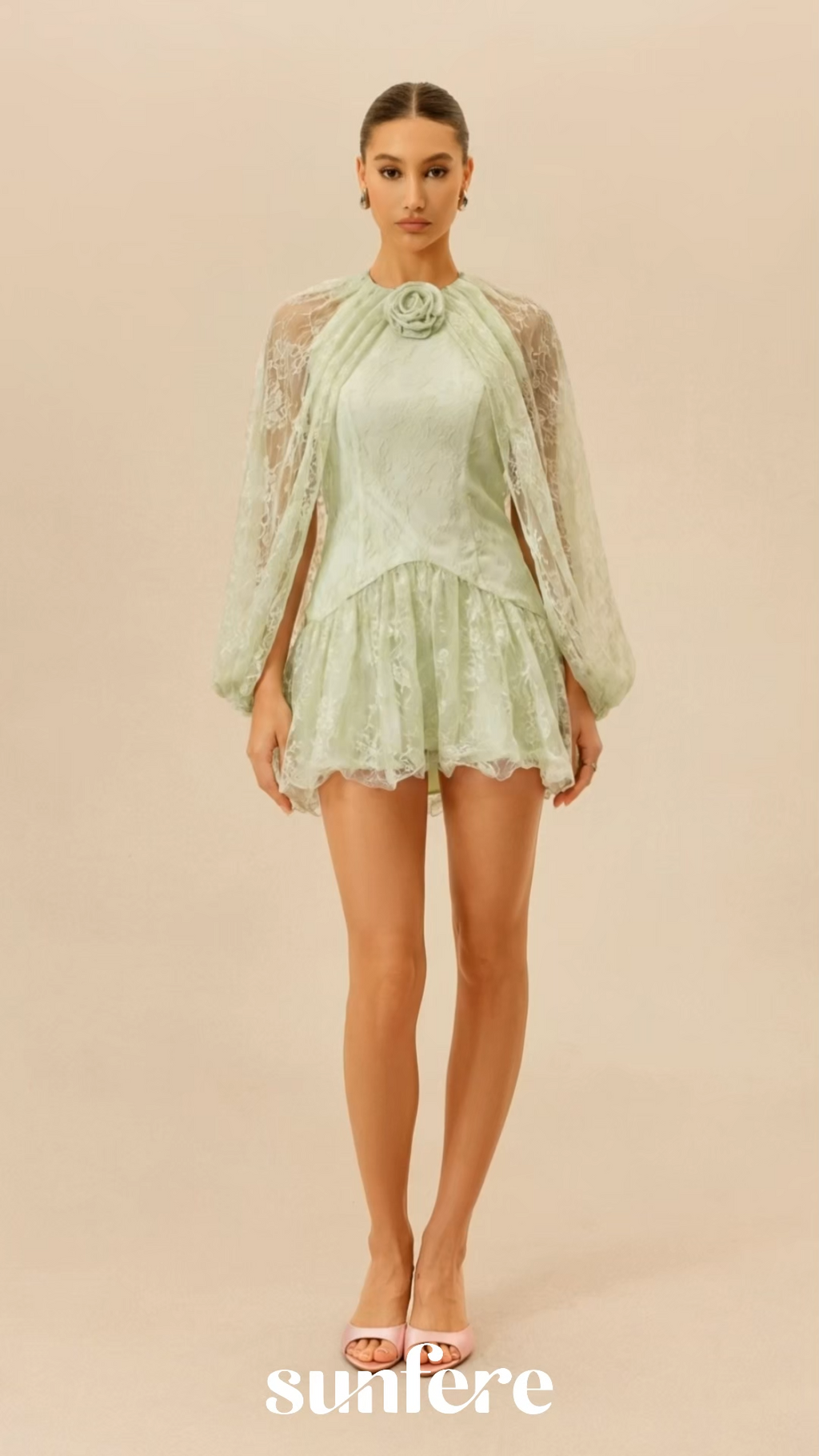 Sunday Stroll Light Green Cape Sleeve Floral Lace Mini Dress