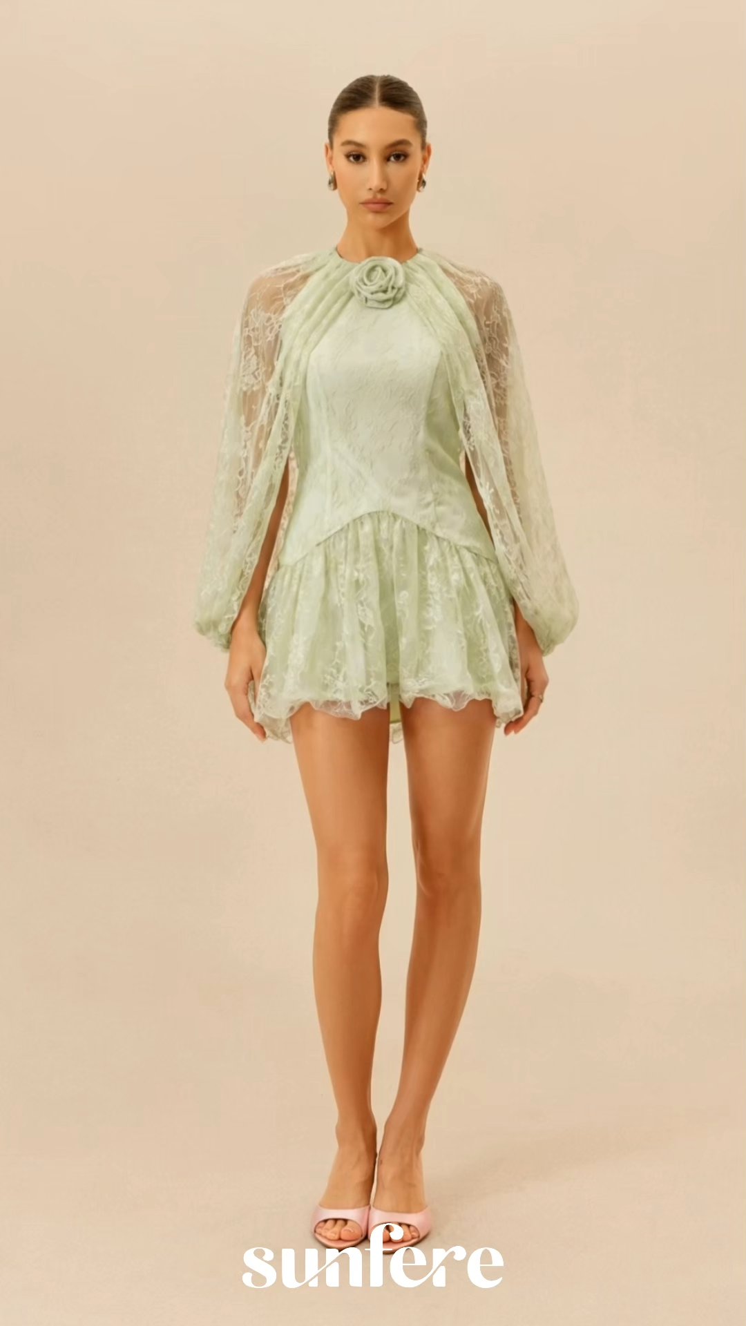 Sunday Stroll Light Green Cape Sleeve Floral Lace Mini Dress