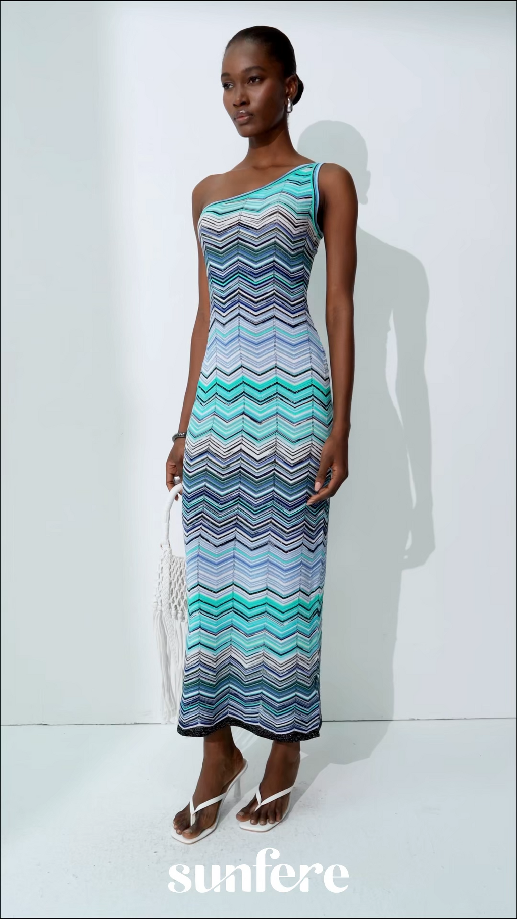 Chasing Paradise Blue Chevron One Shoulder Maxi Dress