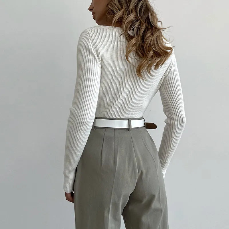 Square Neck Slim Knit Sweater with Long Sleeves Top