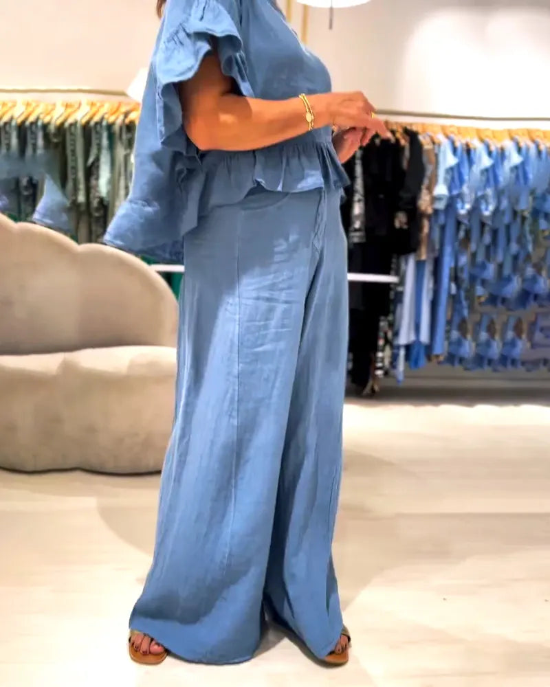 Solid Cotton And Linen Round Neck Top & Pants Two-Piece Set