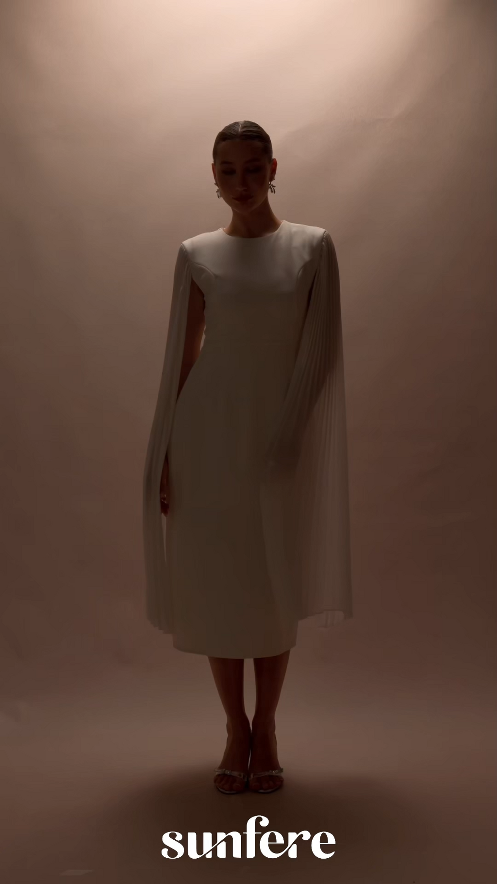 Pure Elegance White Pleated Cape Round Neck Midi Dress