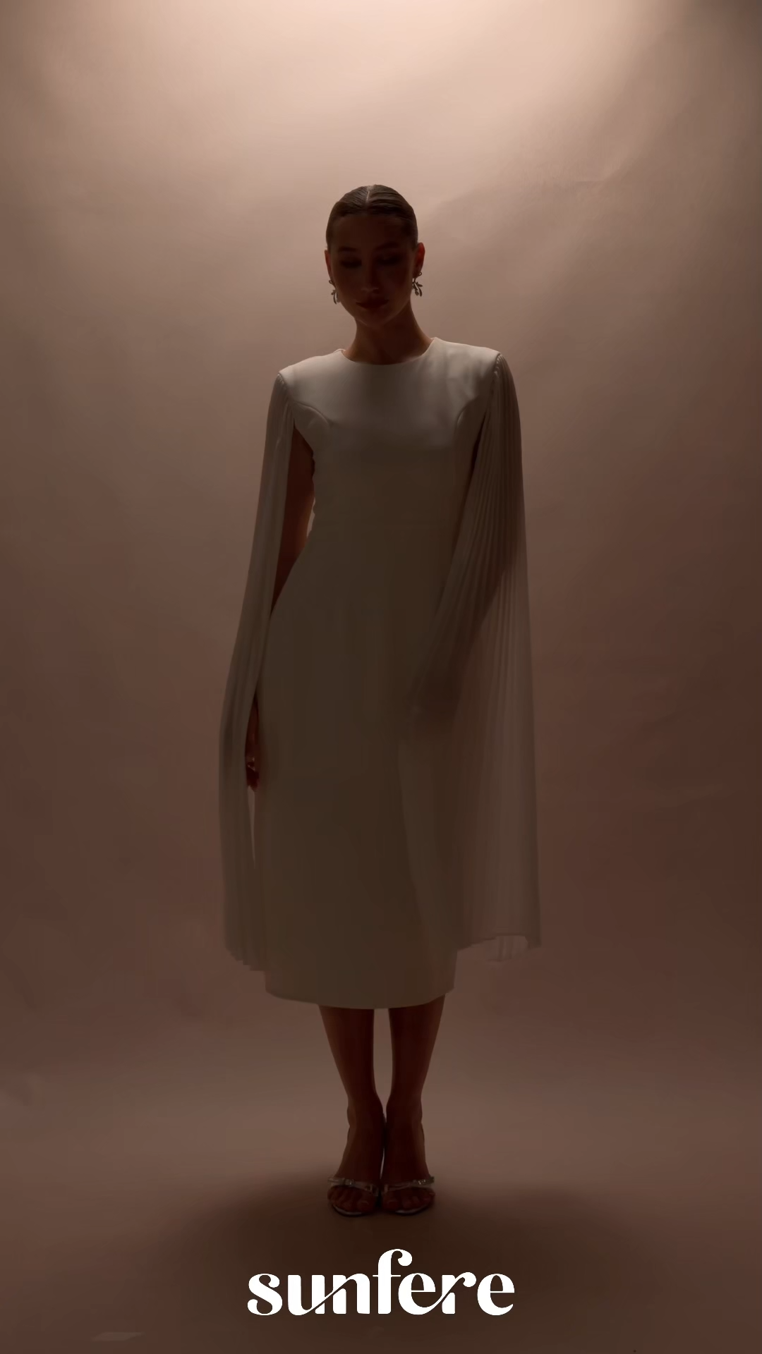 Pure Elegance White Pleated Cape Round Neck Midi Dress