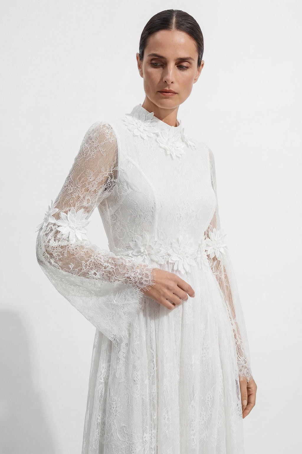 Bright Beauty White Floral Applique Sheer Lace Maxi Dress