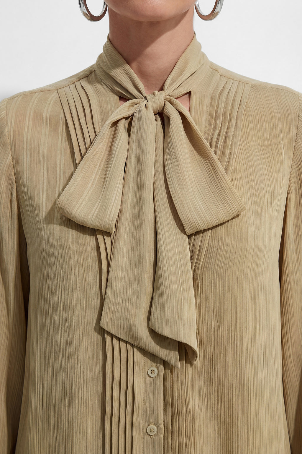 Daily Vibe Khaki Tie Neck Bishop Sleeve Blouse