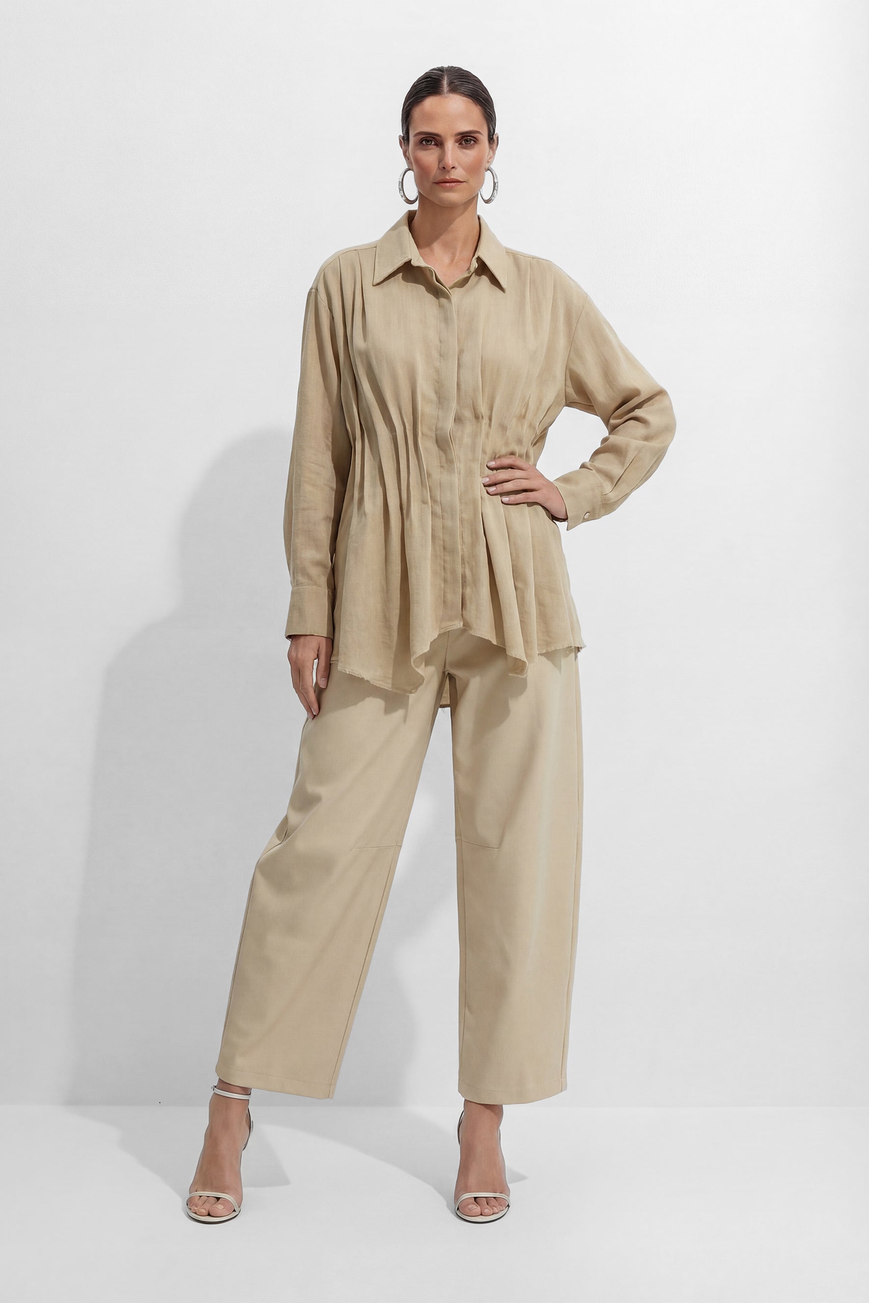Relaxed Day Khaki Waist Pleat Asymmetrical Hem Shirt