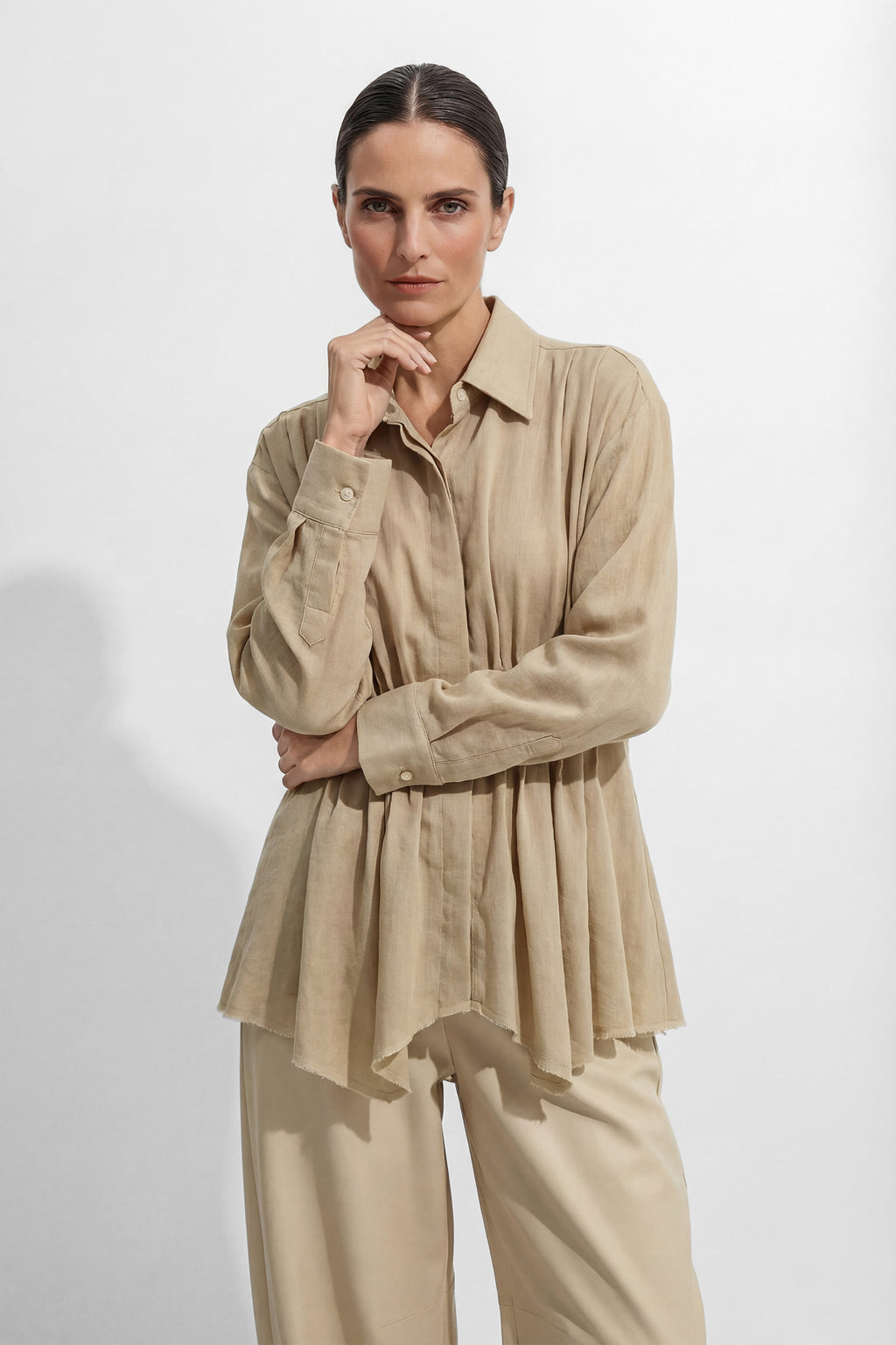 Relaxed Day Khaki Waist Pleat Asymmetrical Hem Shirt