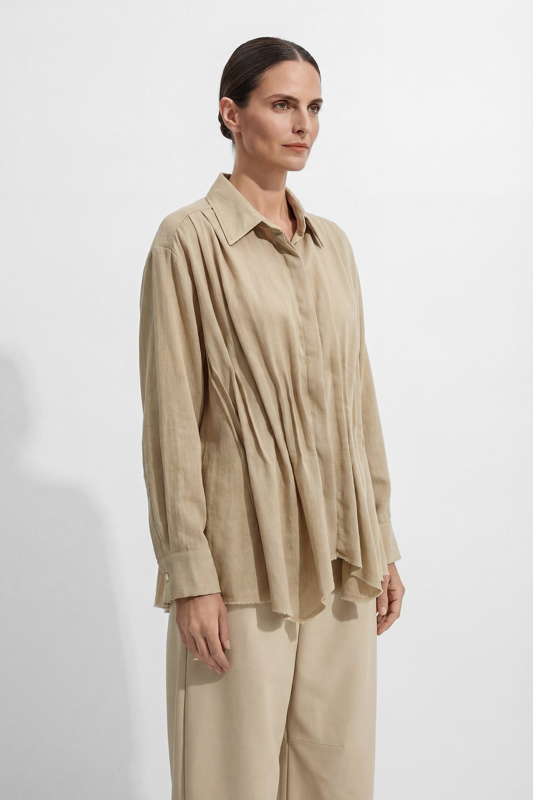 Relaxed Day Khaki Waist Pleat Asymmetrical Hem Shirt