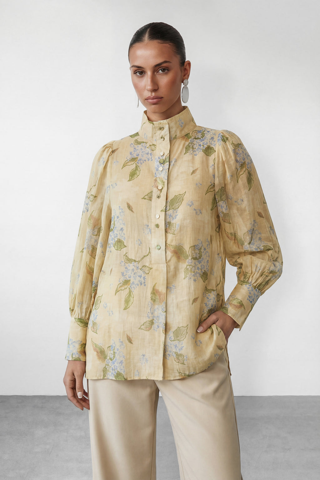 Garden Story Beige Floral Print High Neck Blouse